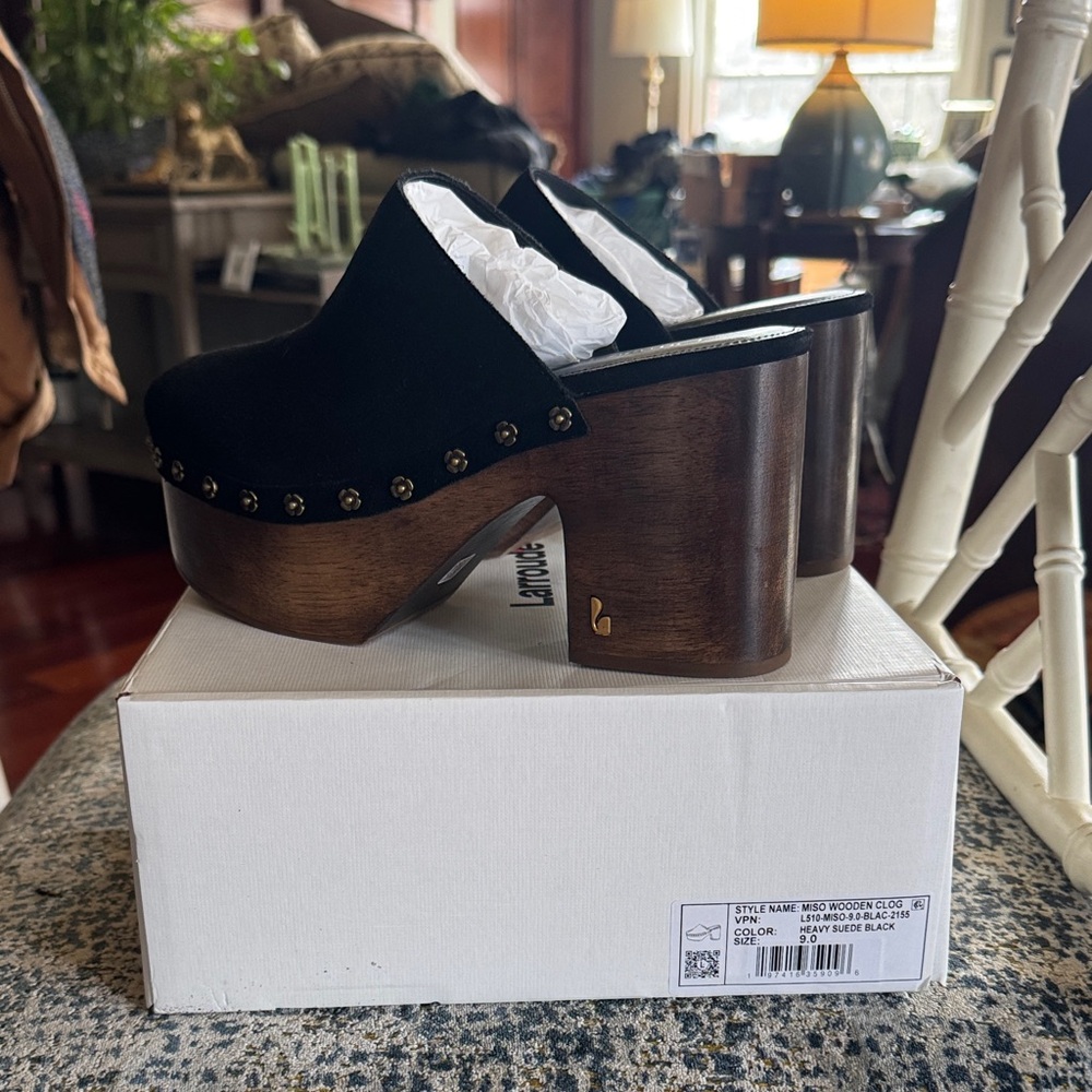 Larroude Black Suede Clogs with Wooden Platform